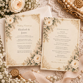 Vintage Ivory Heirloom Lace Floral Romance Wedding Program