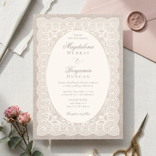 Vintage Ivory Lace & Beige Linen Victorian Wedding Invitation