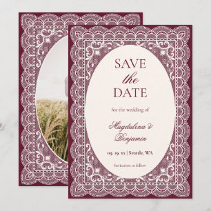 Vintage Ivory Lace Elegant Burgundy Chic Wedding Save The Date