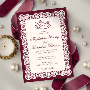 Vintage Ivory Lace Elegant Burgundy Swans Wedding Invitation