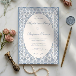 Vintage Ivory Lace Elegant Dusty Blue Chic Wedding Invitation
