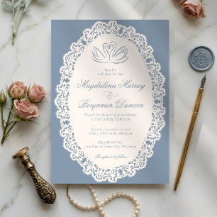 Vintage Ivory Lace Elegant Dusty Blue Swan Wedding Invitation