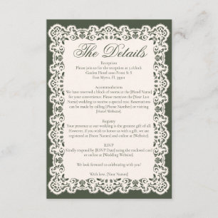 Vintage Ivory Lace Elegant Olive Green Wedding Enclosure Card