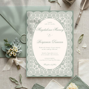 Vintage Ivory Lace Elegant Sage Green Chic Wedding Invitation