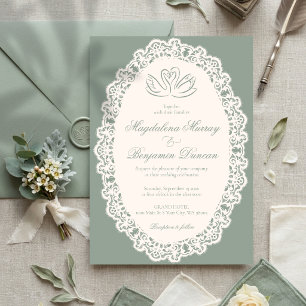 Vintage Ivory Lace Elegant Sage Green Swan Wedding Invitation