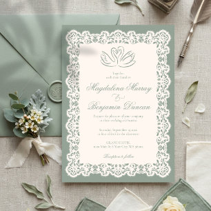 Vintage Ivory Lace Elegant Sage Green Swan Wedding Invitation