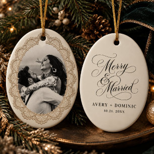 Vintage Ivory Lace Merry & Married Wedding Photo Ceramic Ornament