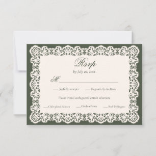 Vintage Ivory Lace Olive Green Wedding Meal Choice RSVP Card