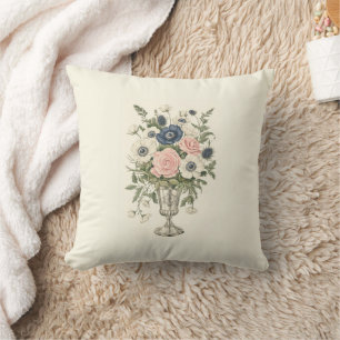 Vintage ivory pink blue mauve green flowers cushion