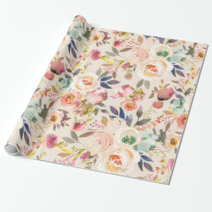 Vintage ivory pink brown watercolor rustic floral wrapping paper