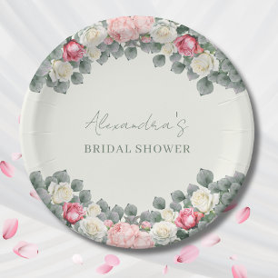 Vintage Ivory Pink Garden Roses Bridal Shower Paper Plate