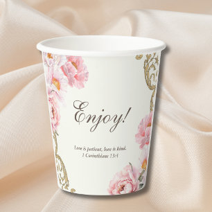 Vintage Ivory Pink Peony Christian Bridal Shower Paper Cups