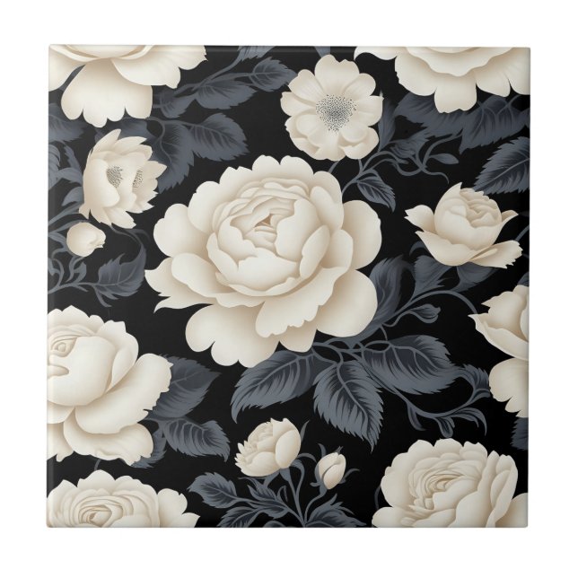 Vintage Ivory Roses And Peonies Ceramic Tile (Front)