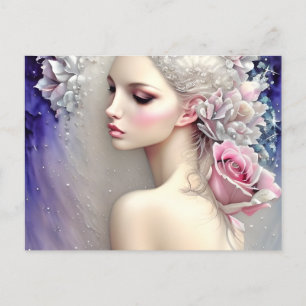 Vintage Ivory Roses Scattered Silver and Diamonds Postcard