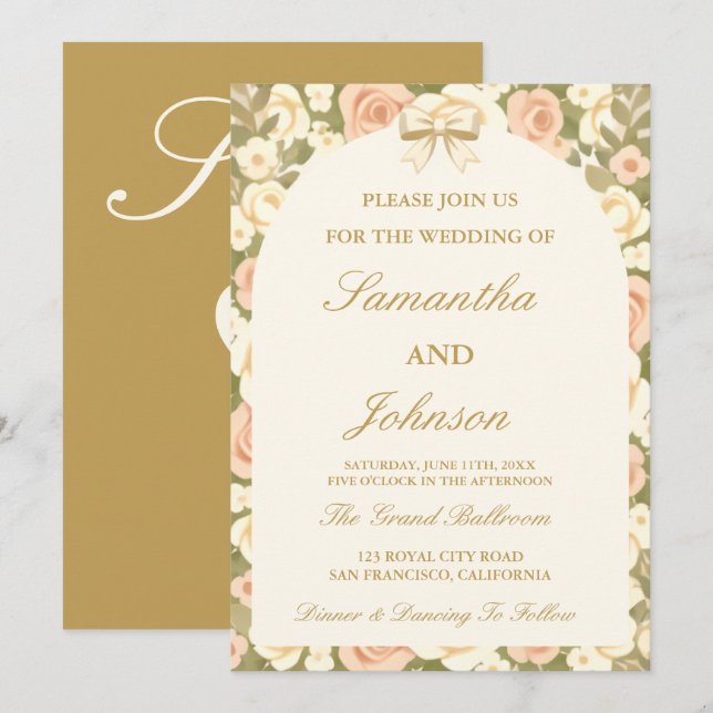 Vintage Ivory Script Wedding Invitation (Front/Back)