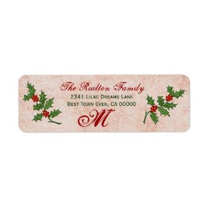 Vintage Ivy Christmas Holly Monogram Marble Effect Return Address Label