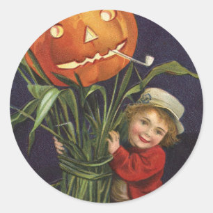 Vintage Jack-o-Lantern Cornstalk and Boy Halloween Classic Round Sticker