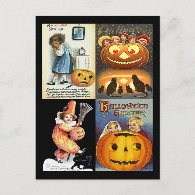 Vintage Jack o'Lantern with Kids Montage Postcard (Front)