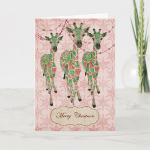 Vintage Jade Blush Giraffes Christmas Card