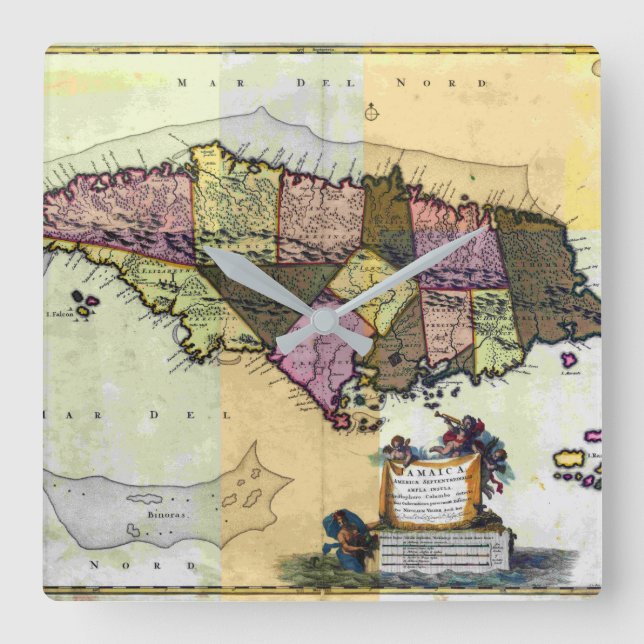 Vintage Jamaica 1680 Map Square Wall Clock (Front)