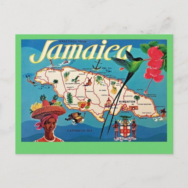 Vintage Jamaica Island Map Postcard (Front)
