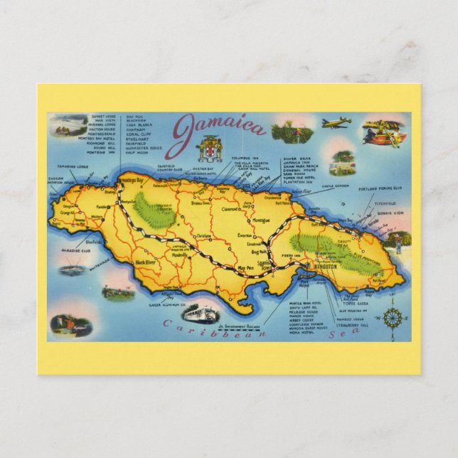 Vintage Jamaica Map Postcard (Front)