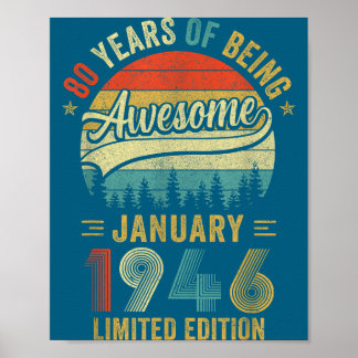 Vintage January 1946 Old 80th Birthday Men Women Poster