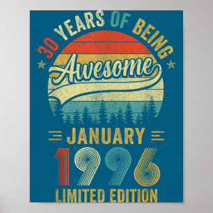 Vintage January 1996 Old 30th Birthday Men Women  Poster