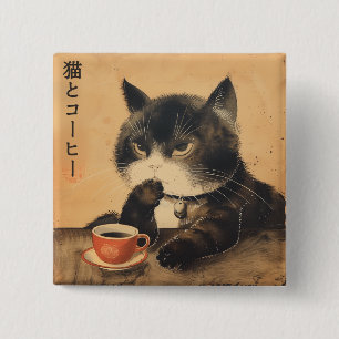 Vintage Japan art cute cat with a cup of coffee 15 Cm Square Badge