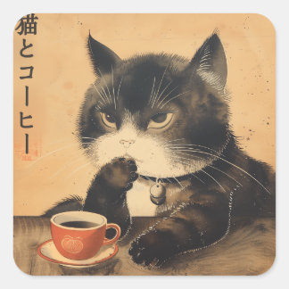 Vintage Japan art cute cat with a cup of coffee Square Sticker