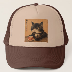 Vintage Japan art cute cat with a cup of coffee Trucker Hat