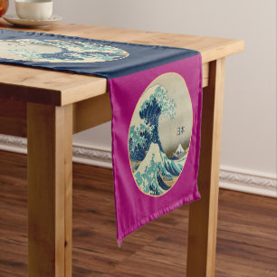 Vintage Japan, Great Wave off Kanagawa love kanji  Short Table Runner