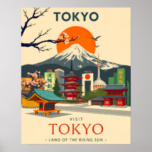 Vintage Japan with Mount Fuji & Pagoda Poster