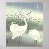 Vintage Japanese 3 Herons Under Crescent Moon