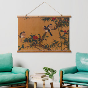 Vintage Japanese Art: Bamboo, Birds, and Camellias Hanging Tapestry