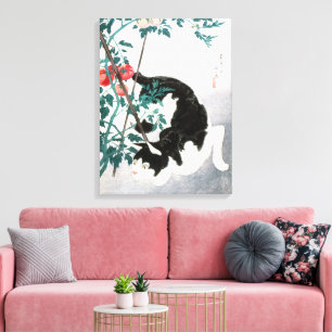 Vintage Japanese Art Black White Cat Tomato Canvas Print