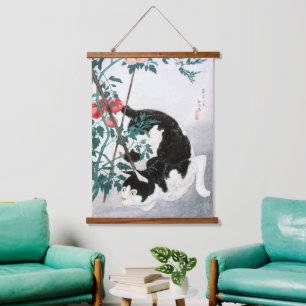 Vintage Japanese Art Black White Cat Tomato Hanging Tapestry
