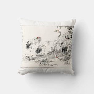 Vintage Japanese Art Cranes And Bamboo Cushion