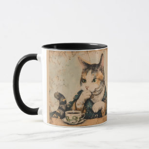 Vintage Japanese art cute cat with a cup of tea