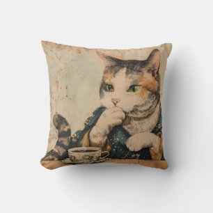 Vintage Japanese art cute cat with a cup of tea Cushion