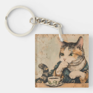 Vintage Japanese art cute cat with a cup of tea Key Ring