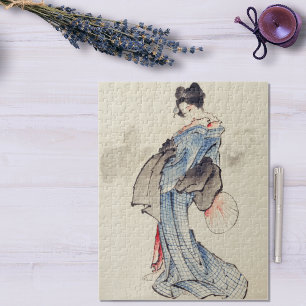Vintage Japanese Art Geisha In a Kimono with Fan Jigsaw Puzzle
