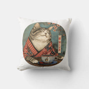 Vintage japanese art happy cat with a cup of tea cushion