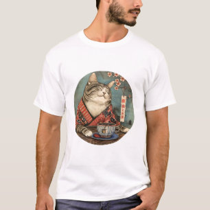 Vintage japanese art happy cat with a cup of tea T-Shirt