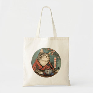 Vintage japanese art happy cat with a cup of tea tote bag