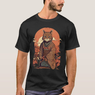 Vintage Japanese Art Samurai Havana Brown Cat T-Shirt