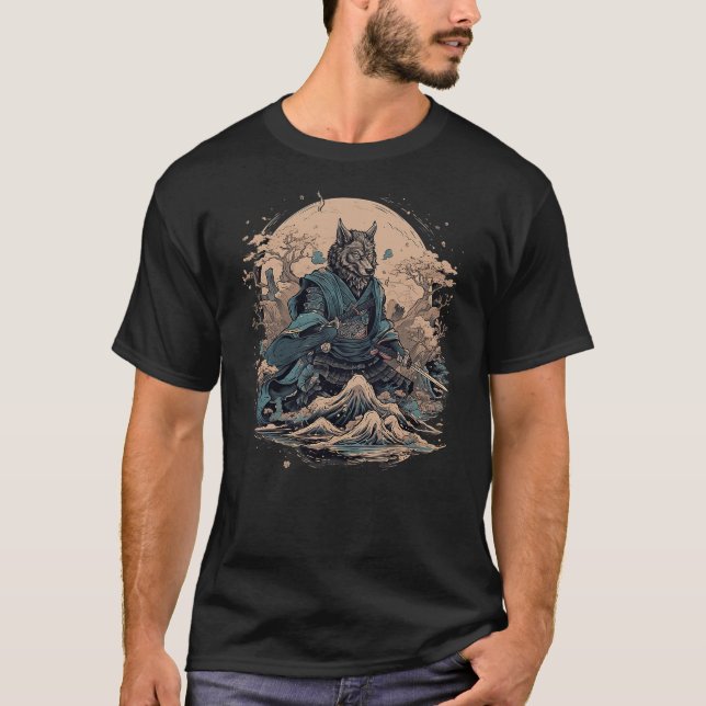 Vintage Japanese Art Samurai Wolf T-Shirt (Front)