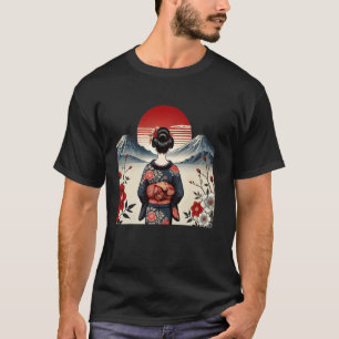 Vintage Japanese Art sunset Mountain Floral Geisha T-Shirt
