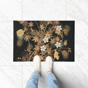 Vintage Japanese Autumn Gold Floral Black Art Doormat