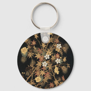 Vintage Japanese Autumn Gold Floral Black Art Key Ring